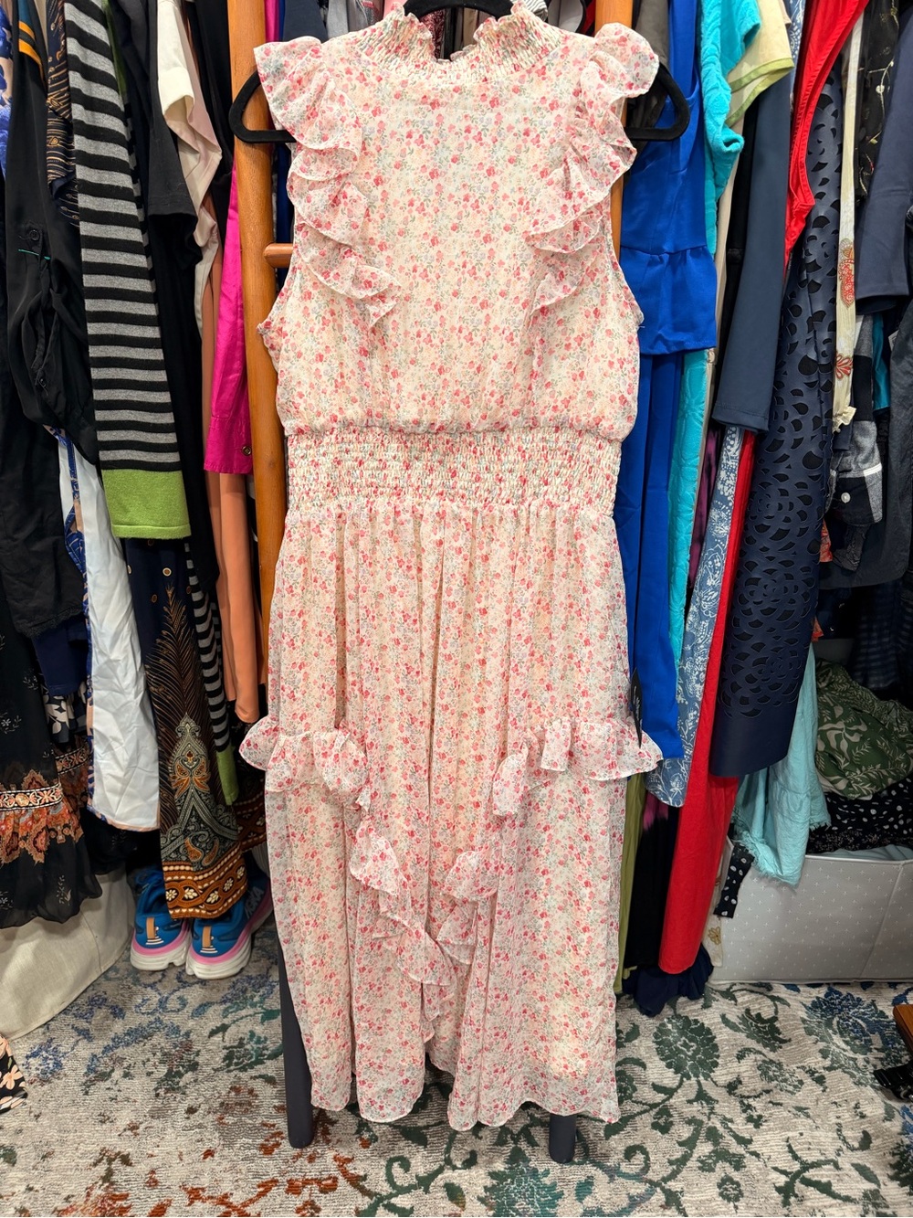 Lulus Floral Ruffle Maxi Dress in Pink and Cream